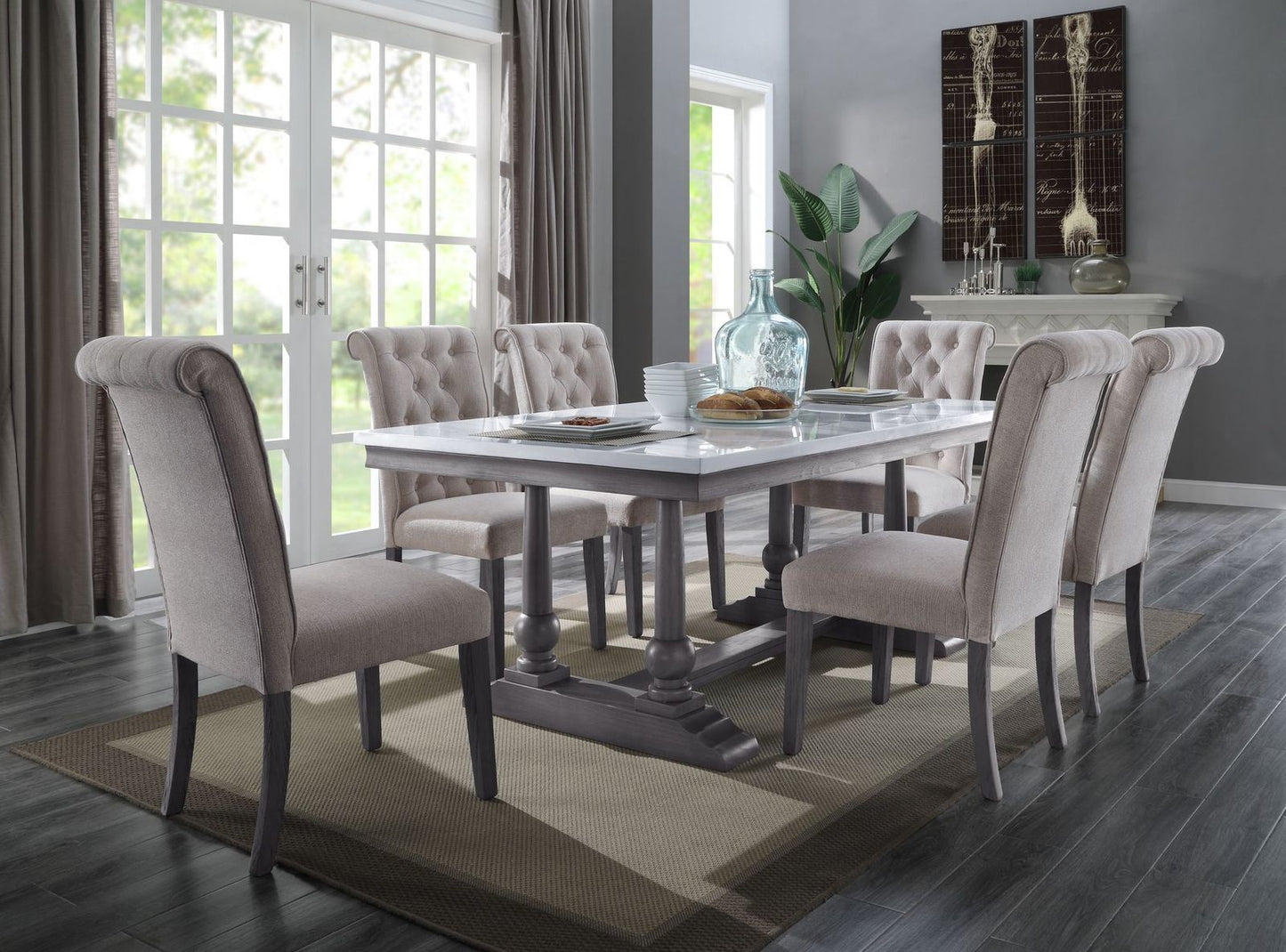 acme yabeina dining table , marble top & gray oak finish