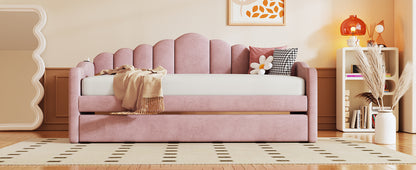 Upholstered Daybed with Trundle & USB Charging Ports, Pink