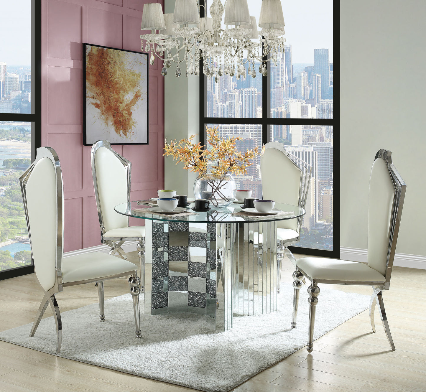 acme noralie dining table mirrored & faux diamonds