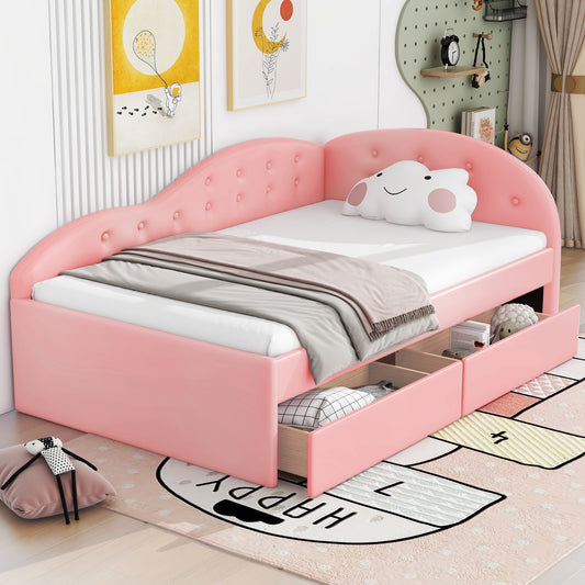 Upholstered Tufted Bed with Two Drawers and Cloud Shaped Guardrail, Pink