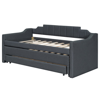 Upholstered Bed with Trundle and Three Drawers, Grey