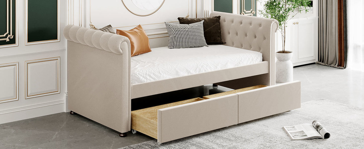 upholstered bed with drawers, beige