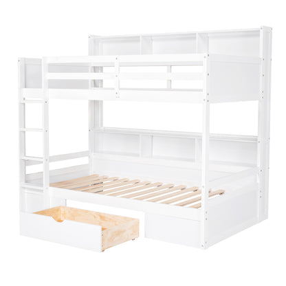 Twin Size Bunk Bed with Built-in Shelves, White