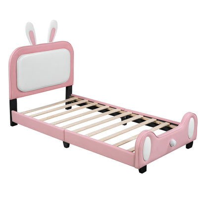 Upholstered Rabbit-Shape Princess Bed, White+Pink