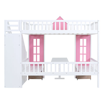 Full-Over-Full Bunk Bed with Changeable Table, Pink