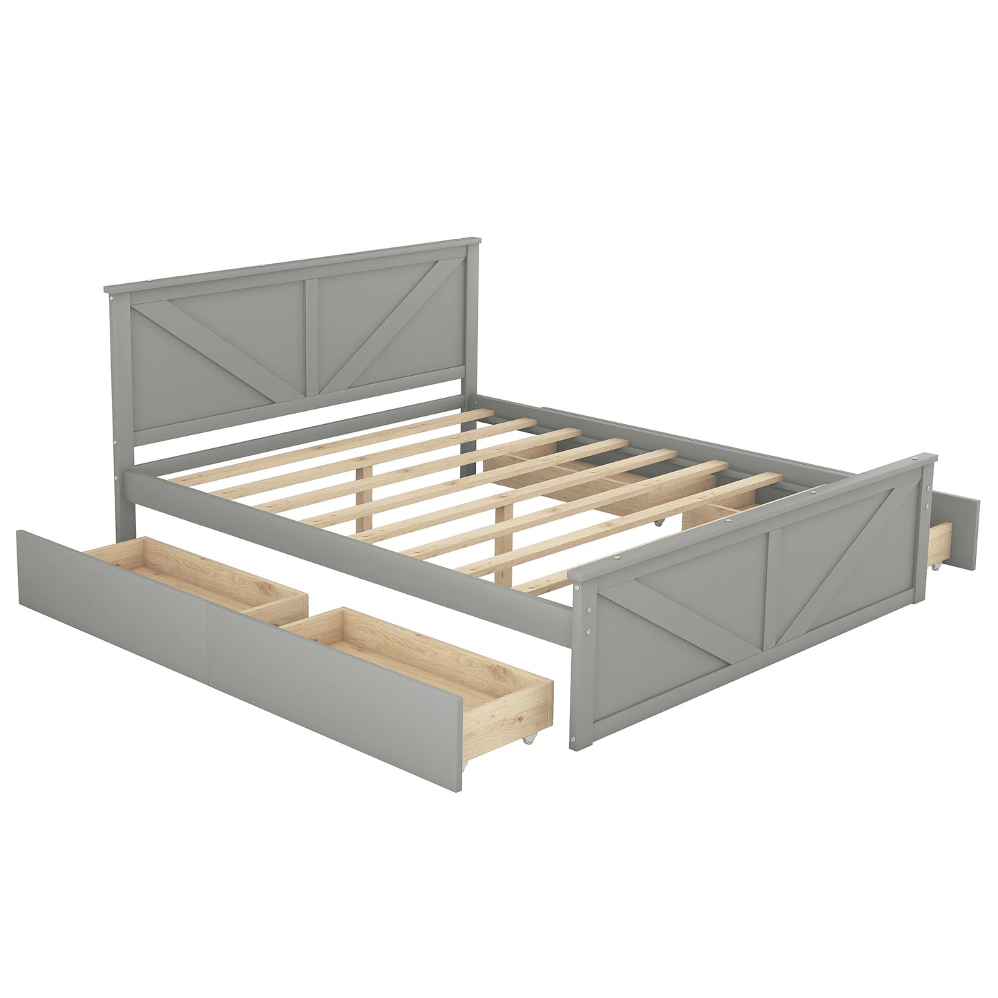 country wooden platform bed with four storage drawers