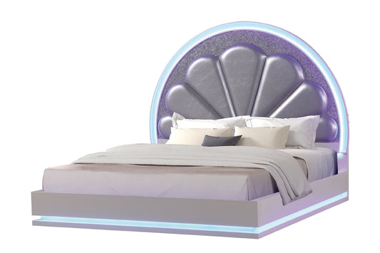 Perla Queen Size LED Bed Made with Wood in Milky White