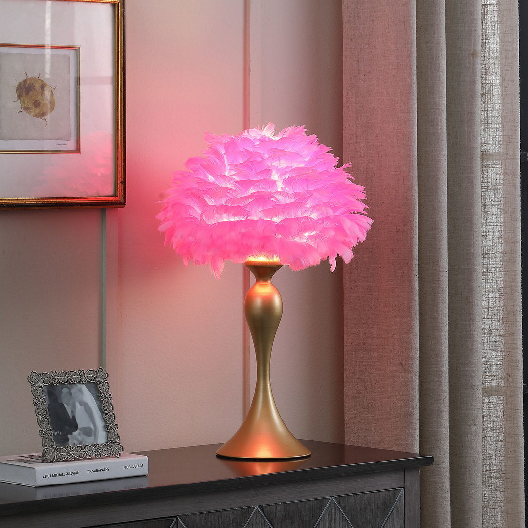 18.25"in hot pink feather aquina satin gold metal contour glam table lamp