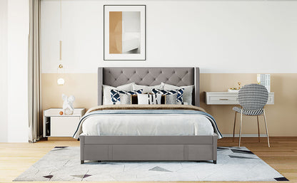 Modern Velvet Upholstered Platform Bed with Wingback Headboard and a Big Drawer