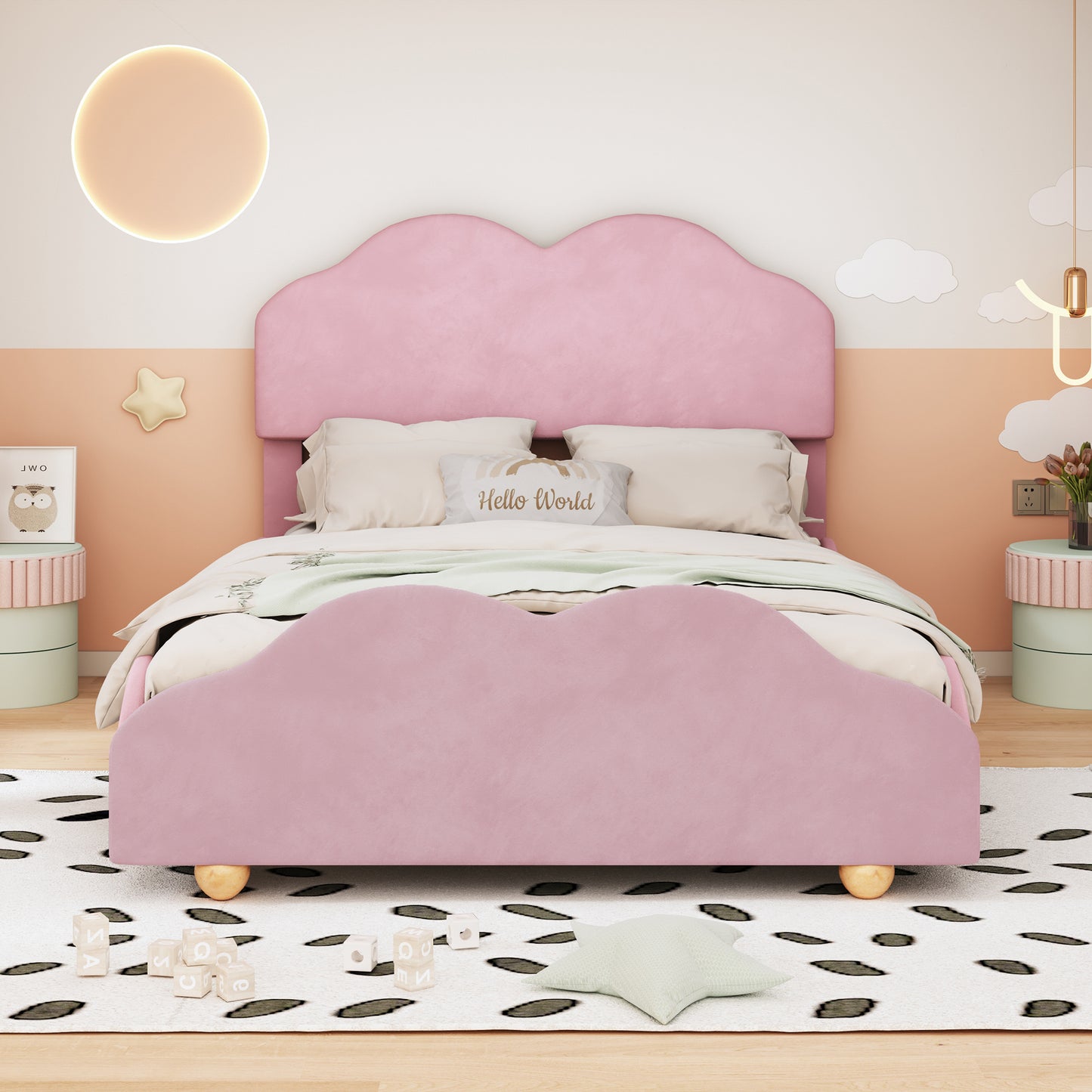 upholstered bed with cloud shaped bed board, light pink
