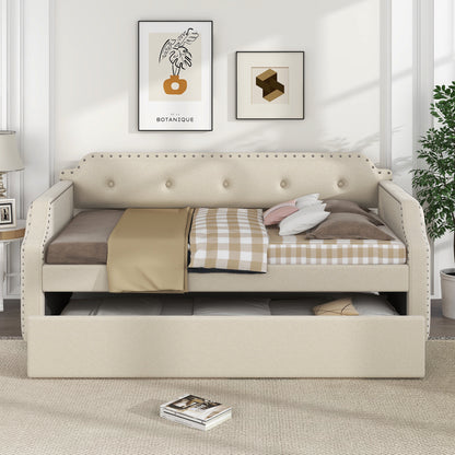 Lizzy Upholstered Bed with Trundle, Beige