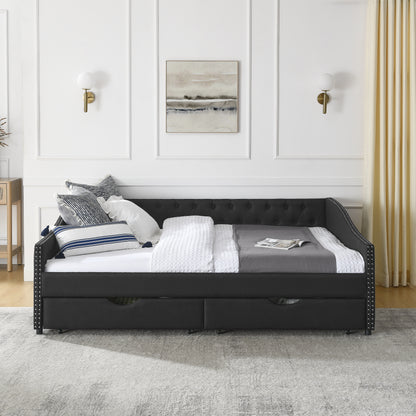 Queen Size Daybed with Drawers Upholstered Tufted Sofa Bed,,with Button on Back and Copper Nail on Waved Shape Arms(84.5"x63.5"x26.5")