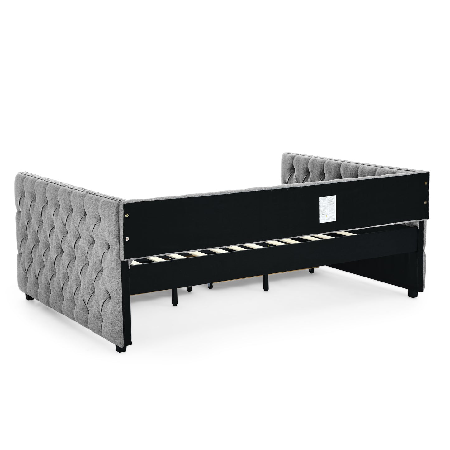 upholstered full size bed with two drawers, grey