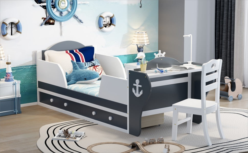 boat-shaped platform bed with two drawers, desk and chair, white+gray