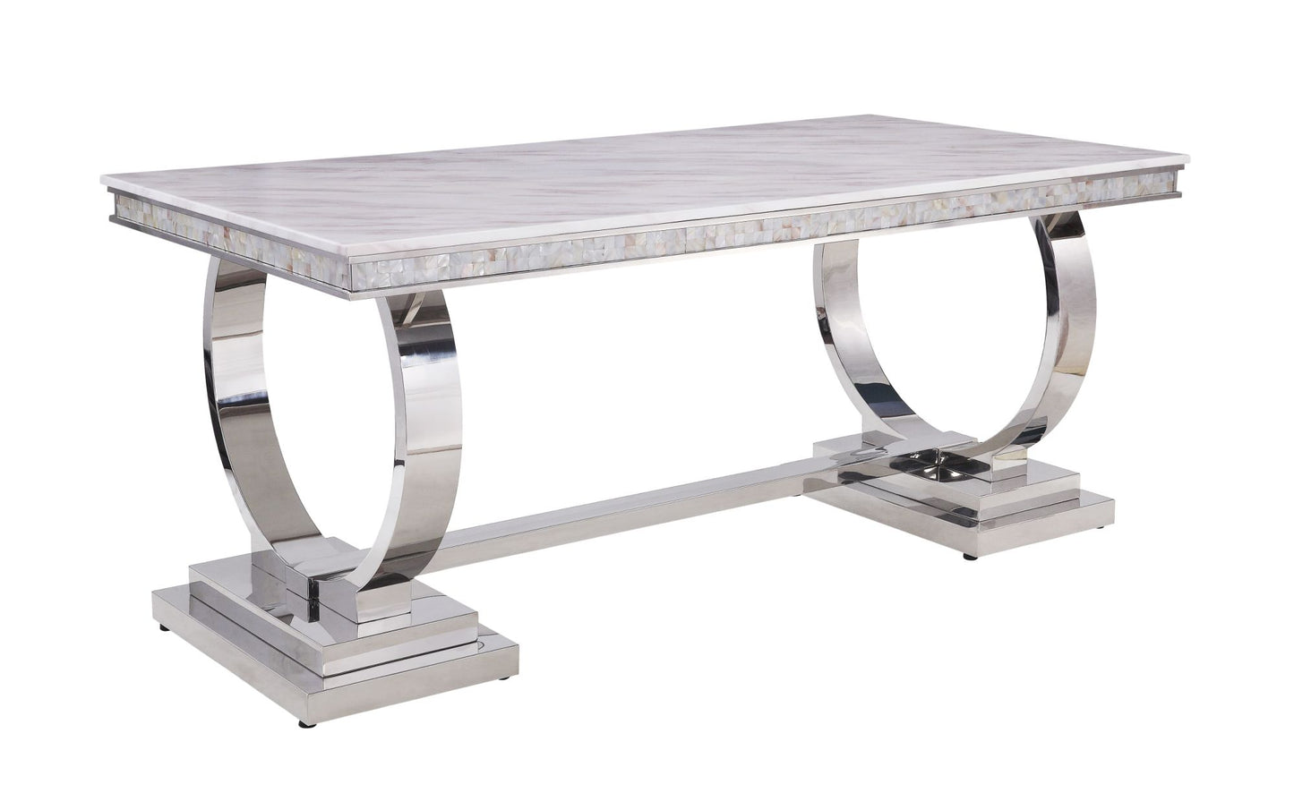 acme zander dining table, white printed faux marble & mirrored silver finish