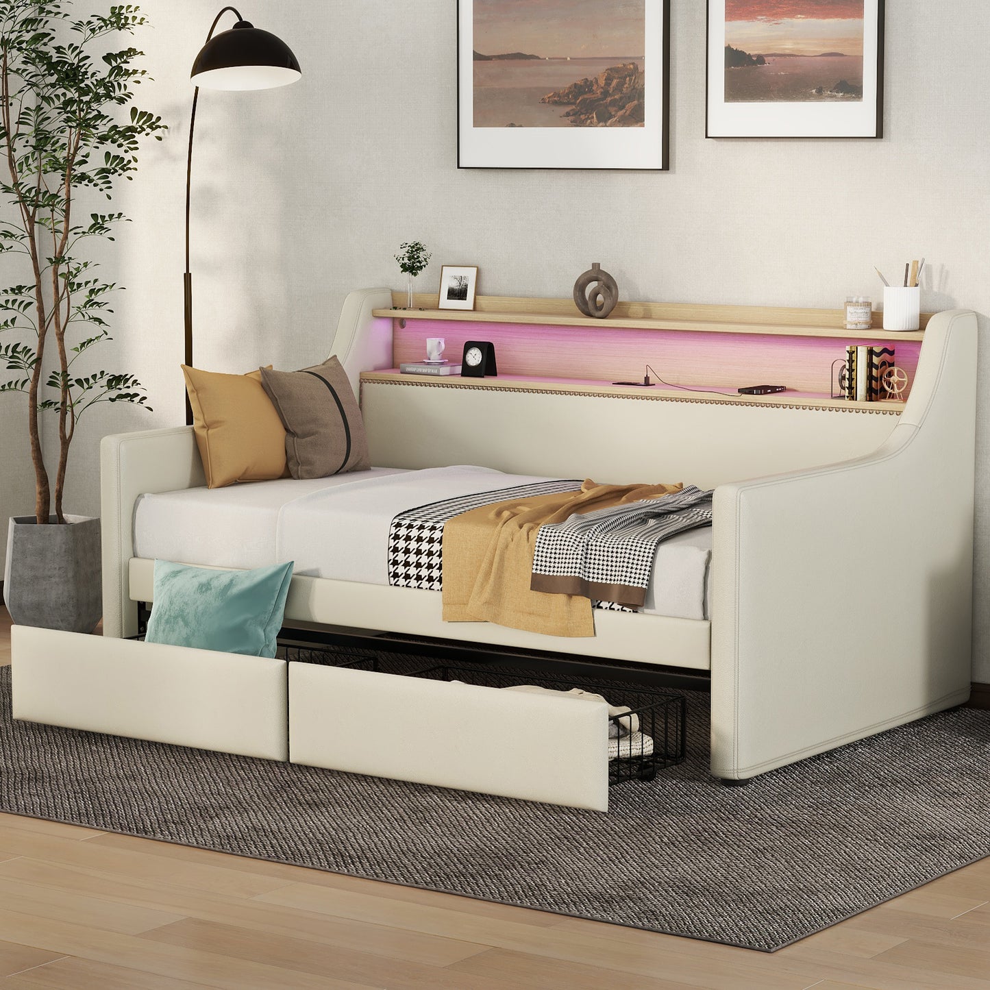 upholstered bed with charging station and led lights, beige