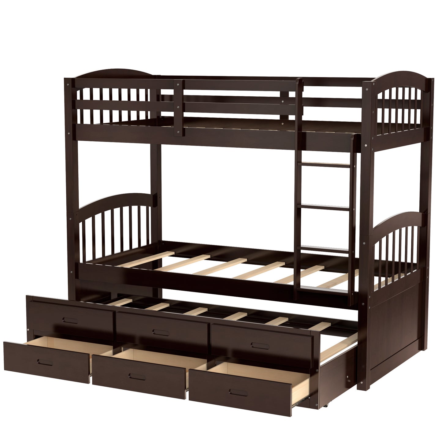 twin over twin wood bunk bed with trundle and drawers,white