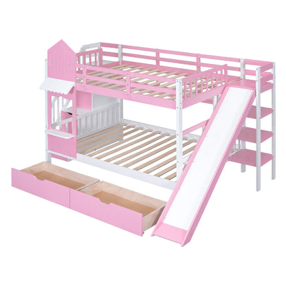 Full-Over-Full Castle Style Bunk Bed with 2 Drawers 3 Shelves and Slide - Pink