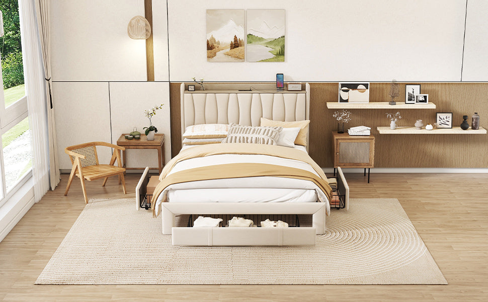 queen size bed frame with storage headboard and charging station, beige