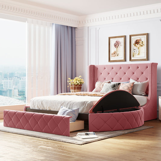 Upholstered Platform Storage Velvet Bed with Wingback Headboard- Pink