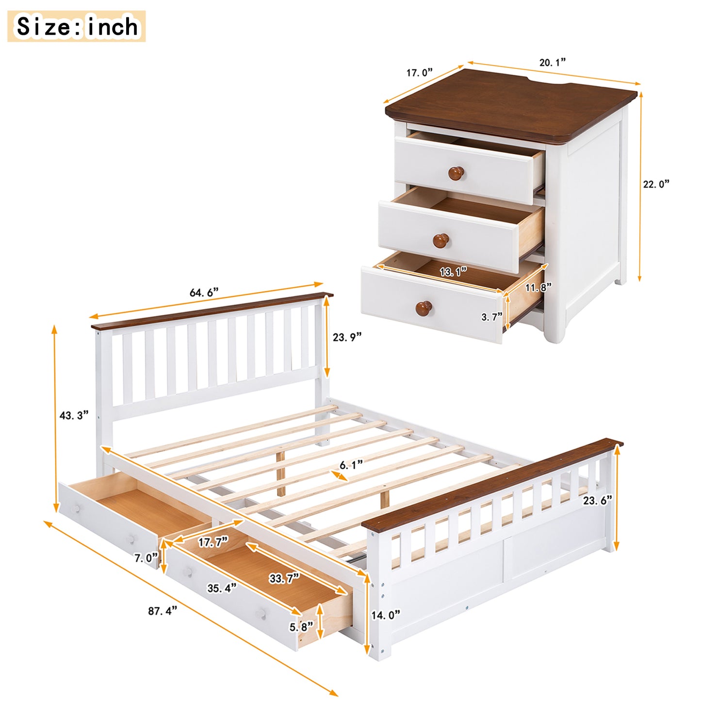 3-pieces bedroom sets  with two nightstands(usb charging ports),white+walnut