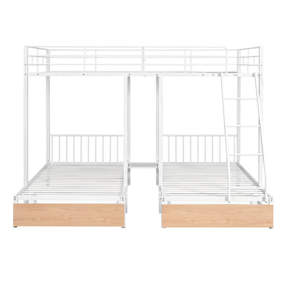 Full Over Twin & Twin Bunk Bed with Drawers and Guardrails, White