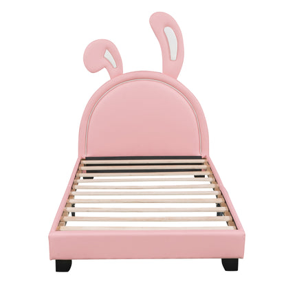 Twin Size Upholstered Leather Platform Bed with Rabbit Ornament, Pink