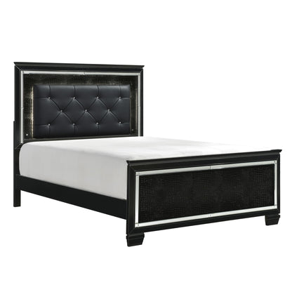 Black Finish Upholstered Button-Tufted Queen Size Bed LED Headboard