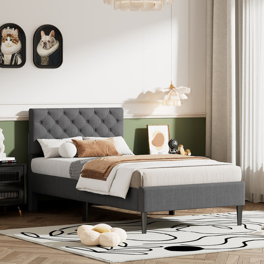 Upholstered Linen Platform Bed, Gray