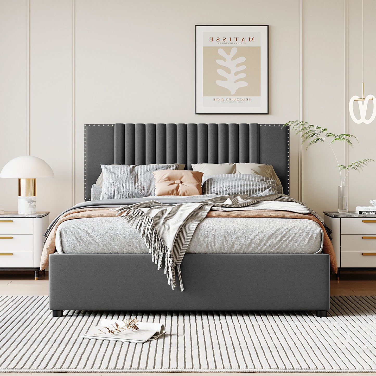 upholstered platform bed with classic headboard and 4 drawers, gray