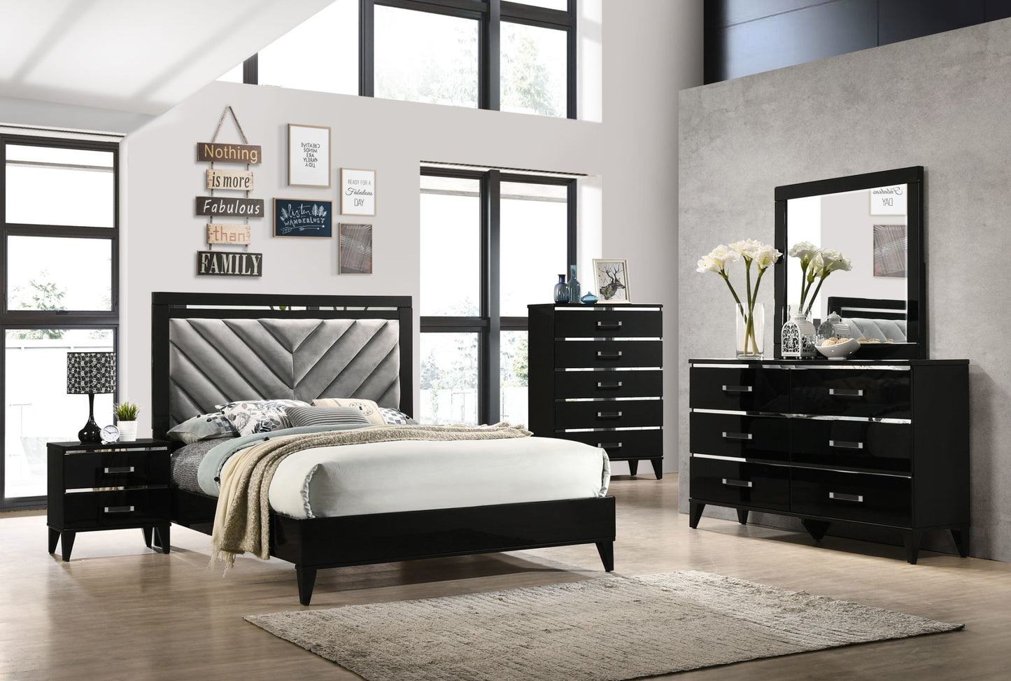 acme chelsie queen bed• gray fabric & black finish