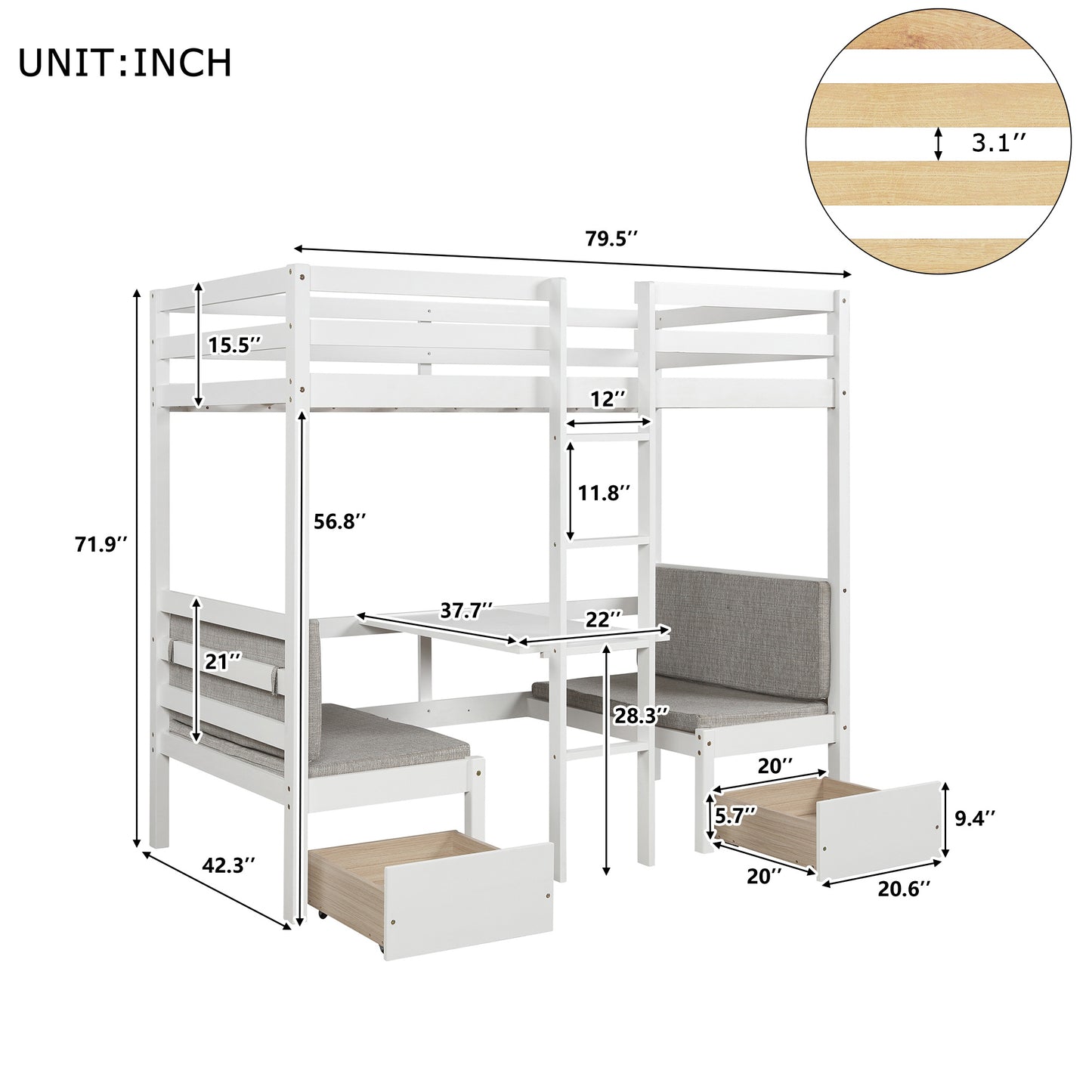 functional loft bed twin size,white