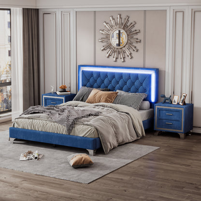 3-Pieces Upholstered Platform Bed with LED Lights and Two Nightstands-Blue