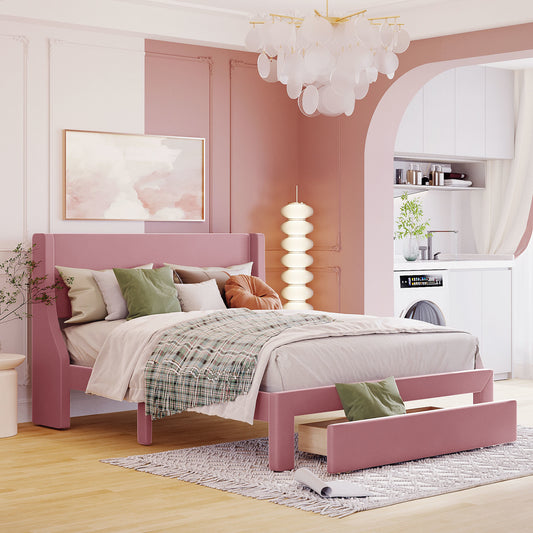 Velvet Upholstered Storage Bed with a Big Drawer - Pink