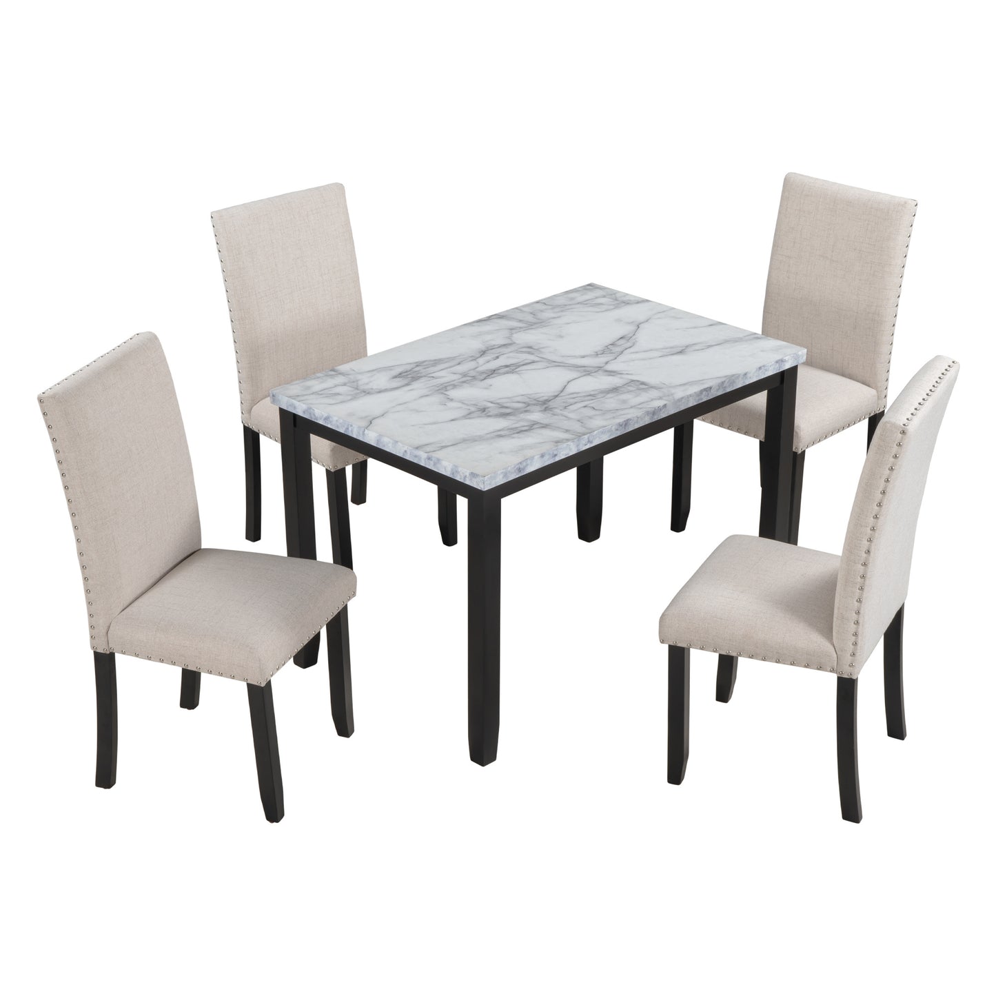 faux marble 5-piece dining table set ,white/beige+black