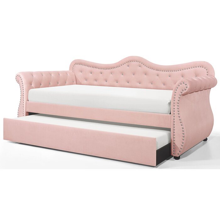 upholstered velvet wood daybed with trundle in pink