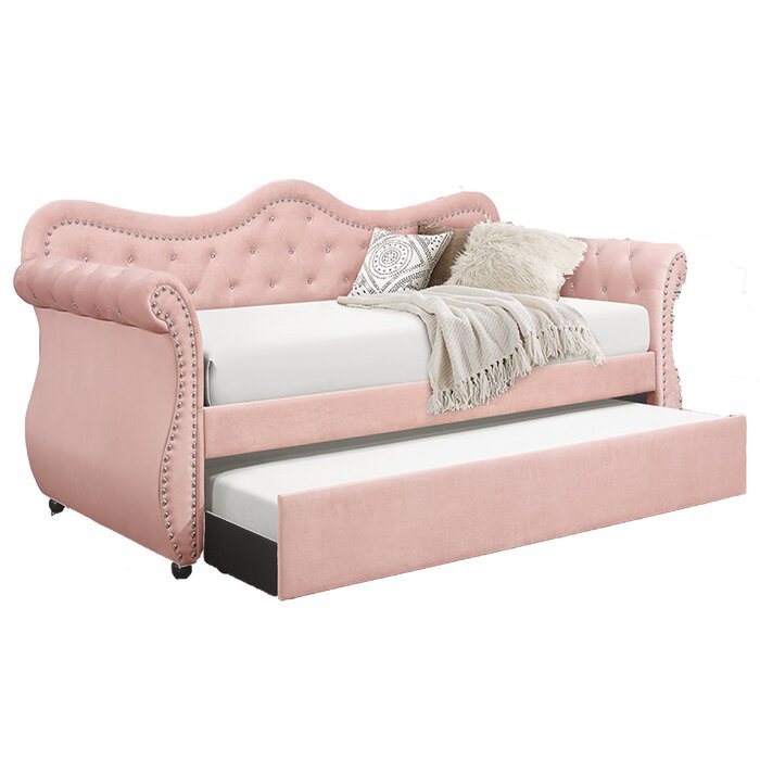 upholstered velvet wood daybed with trundle in pink