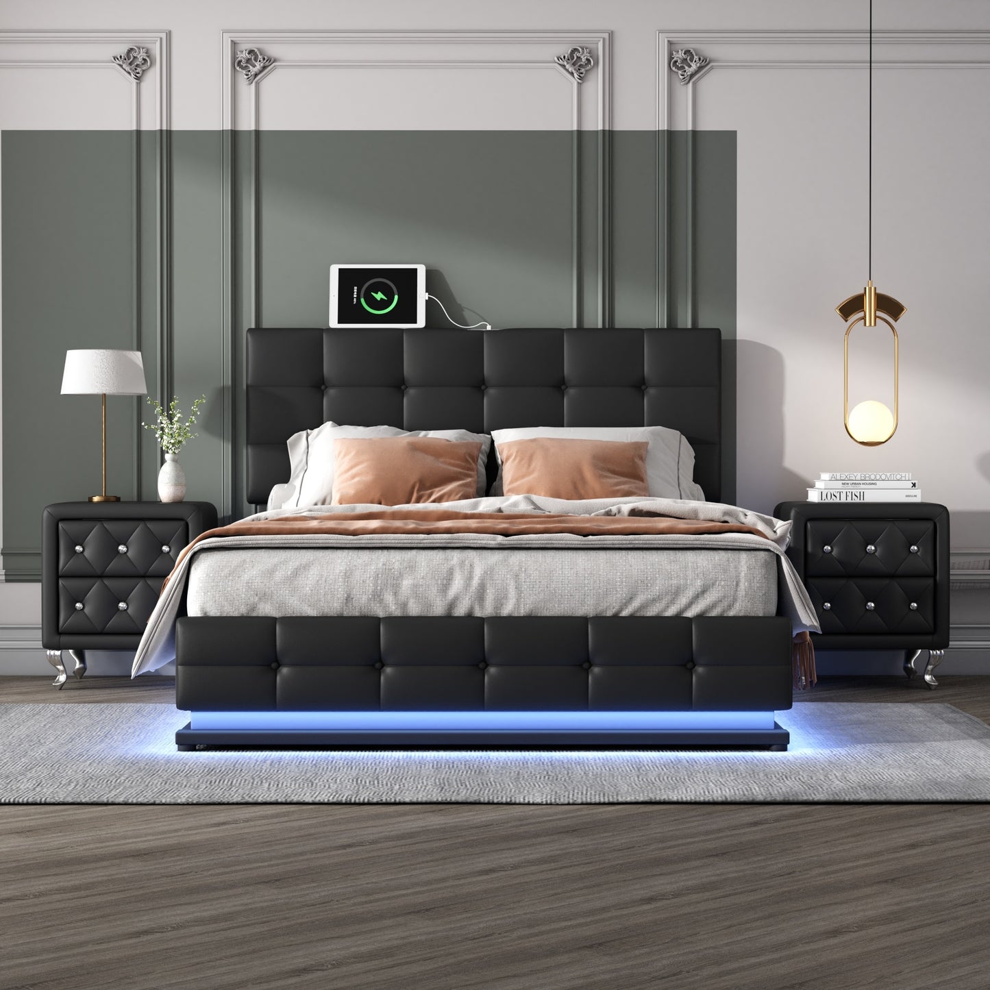3-pieces upholstered bedroom sets with led lights ,hydraulic storage system, and usb charging station
