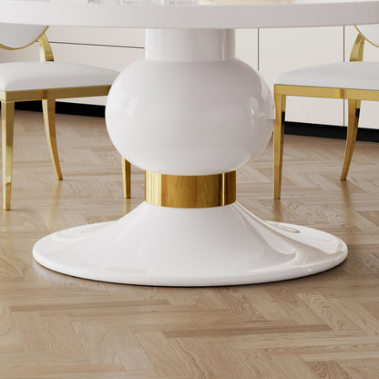 59" Round White MDF Dining Table, Base with Gold Finish Stainless Steel Circle