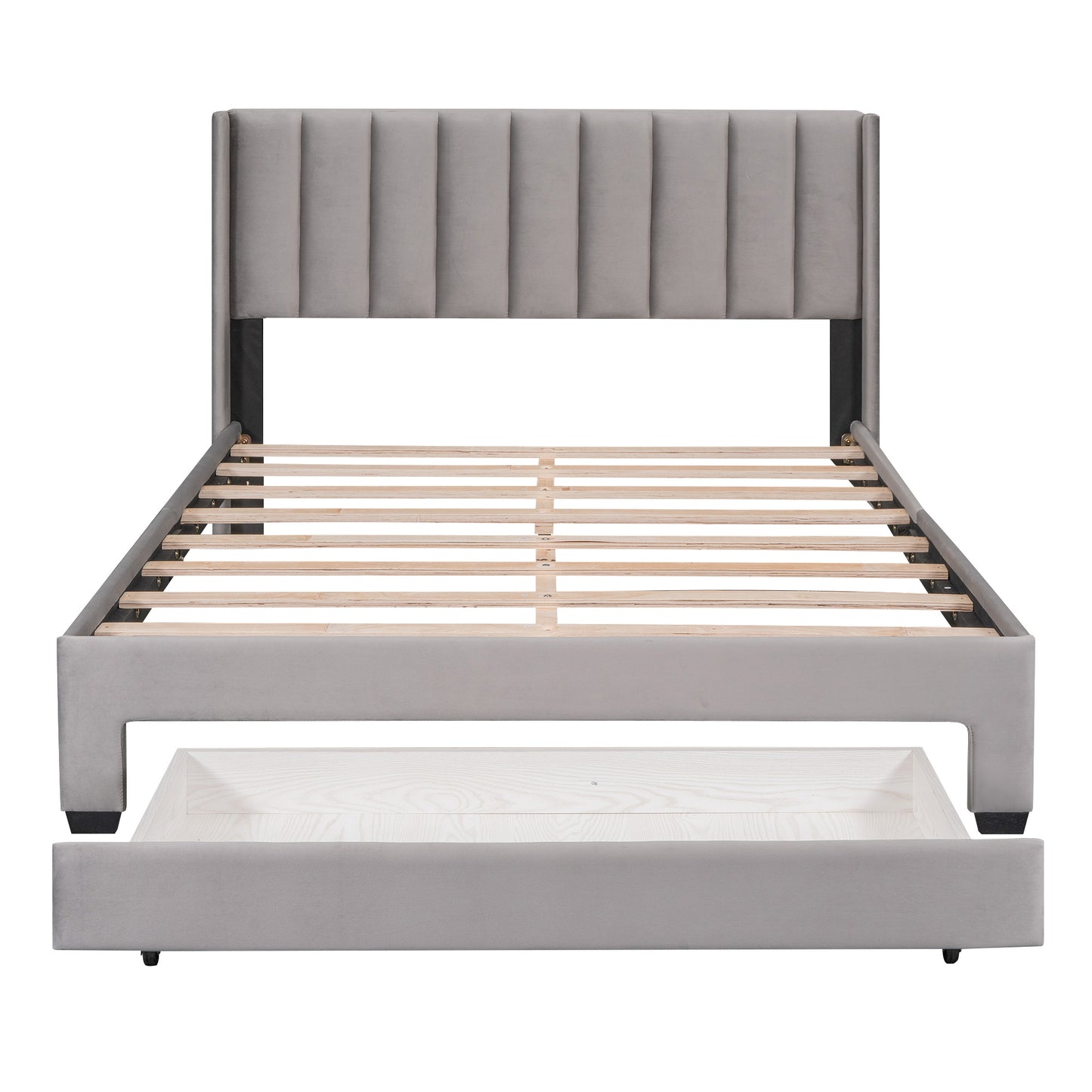 velvet upholstered platform bed with a big drawer