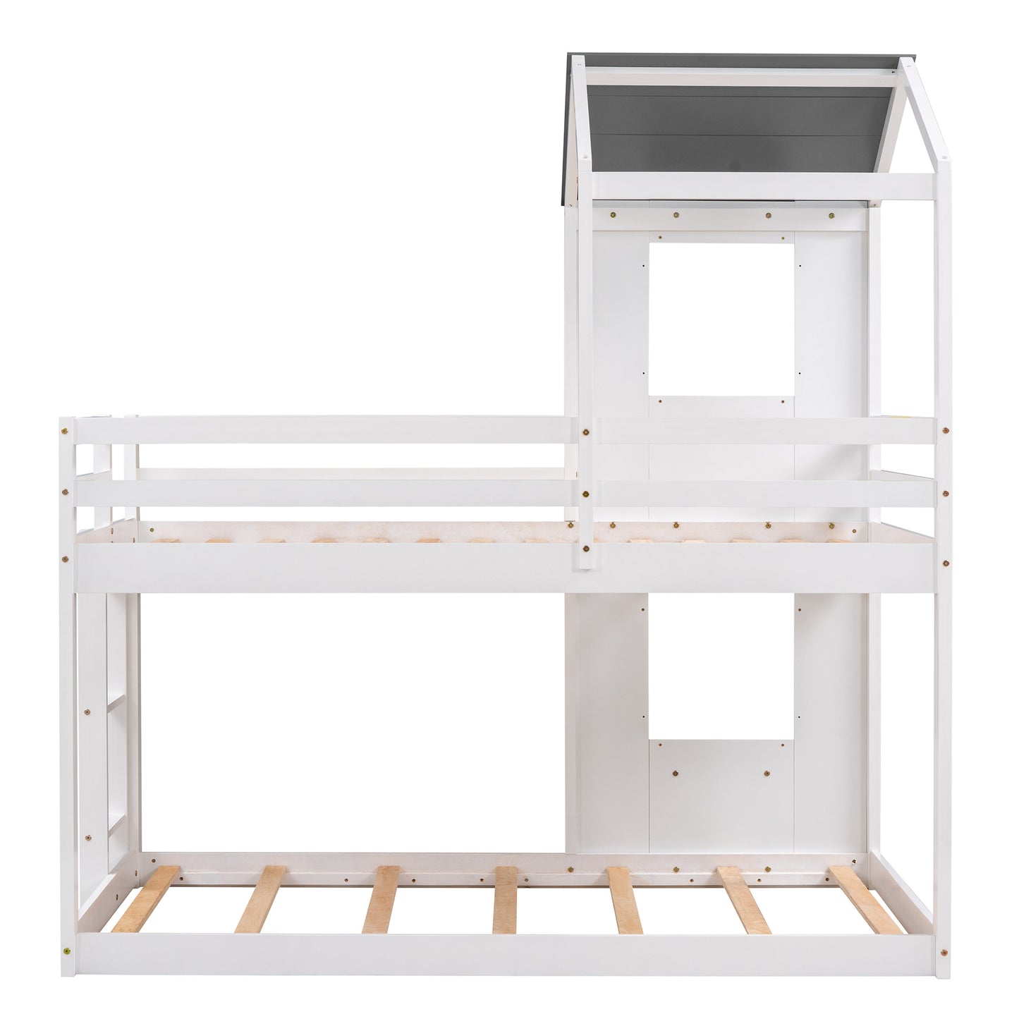 twin over twin bunk bed wood bed with roof, window, guardrail, and ladder