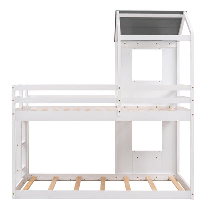 Twin Over Twin Bunk Bed Wood Bed with Roof, Window, Guardrail, and Ladder
