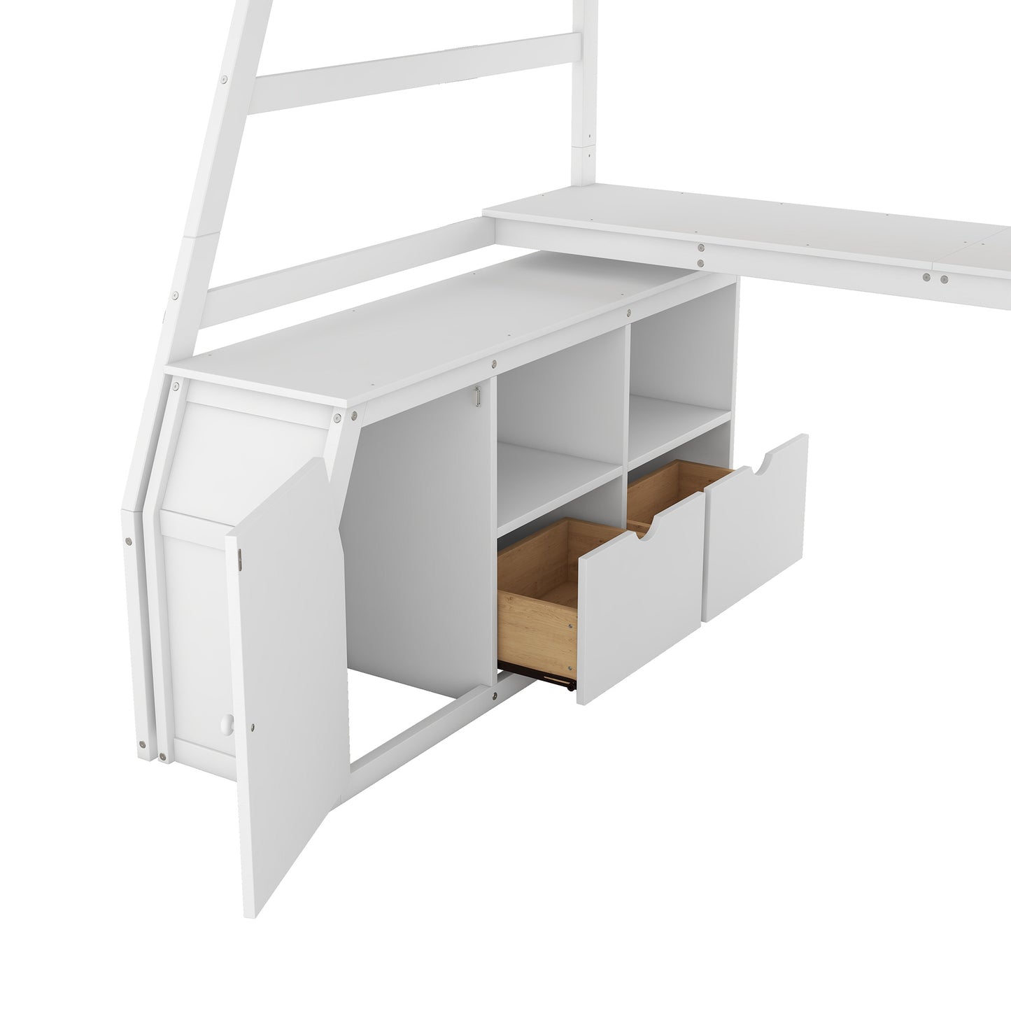 twin size loft bed with 7 drawers 2 shelves and desk - white