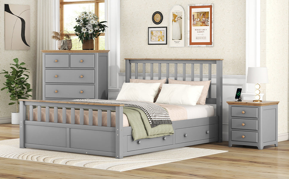 3-pieces bedroom sets with nightstand(usb charging ports) and storage chest,gray+natrual