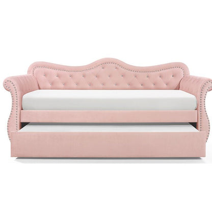 Upholstered Velvet Wood Daybed with Trundle in Pink