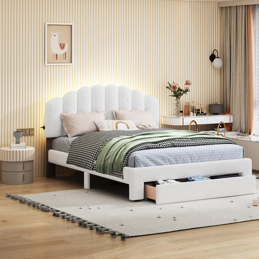 Teddy Fleece Upholstered Platform Bed with Drawer, White