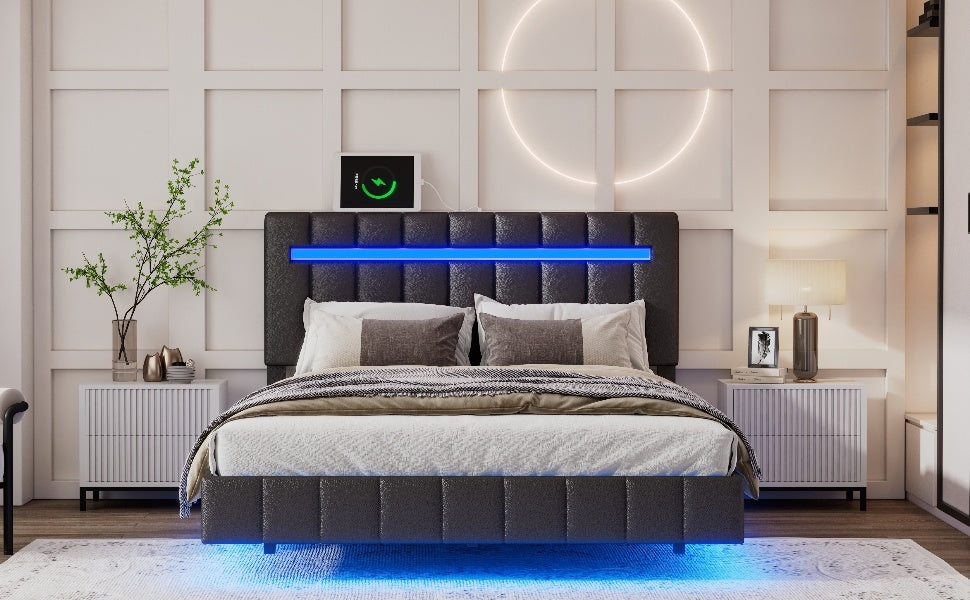 floating bed frame with led lights and usb charging