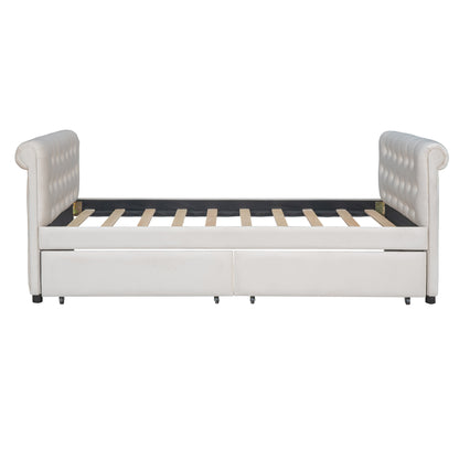 Upholstered Bed with Drawers, Beige