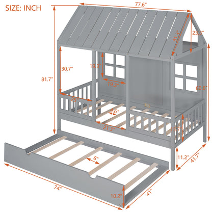 Wood House Bed With Twin Size Trundle, Gray