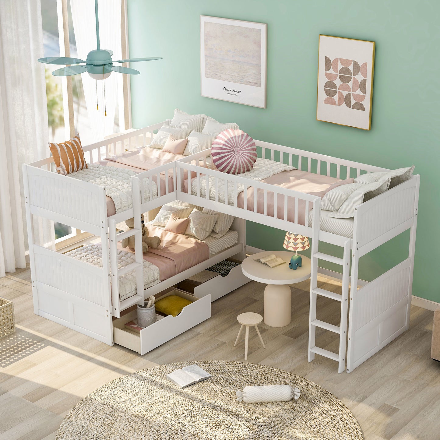 twin size bunk bed with a loft bed attached and two drawers, gray